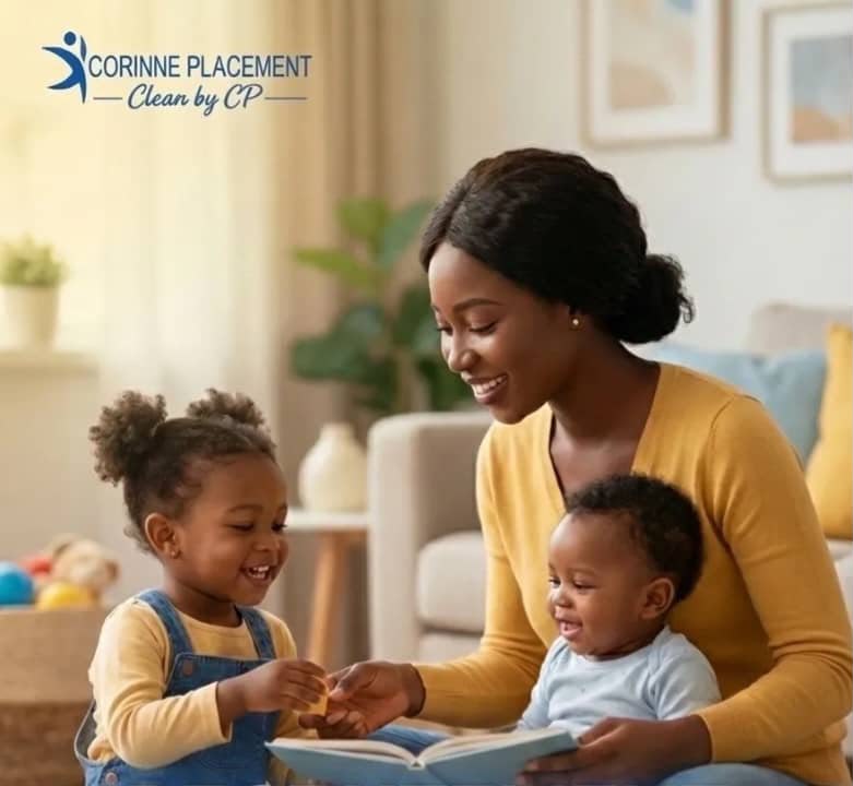 Nounou qualifiée de Corinne Placement jouant avec deux enfants dans un salon